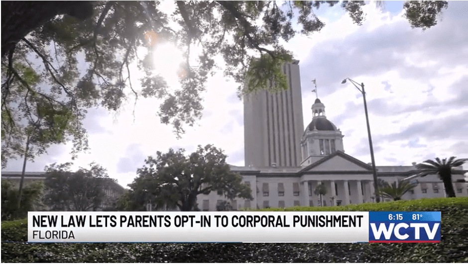 Florida capitol with headline about spanking in Florida schools