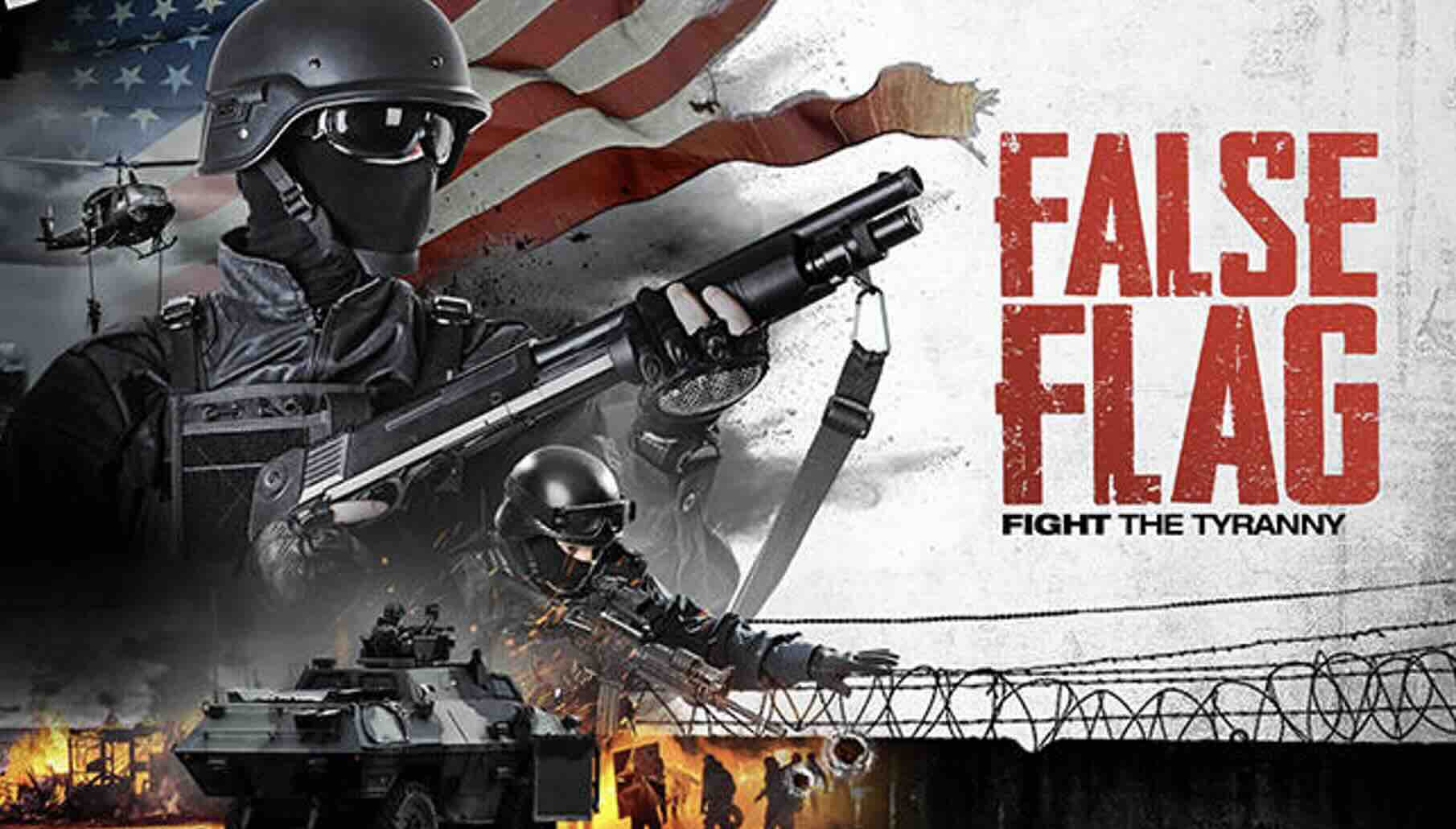 Armed militant in front of American flag, pointing gun at False Flag logo