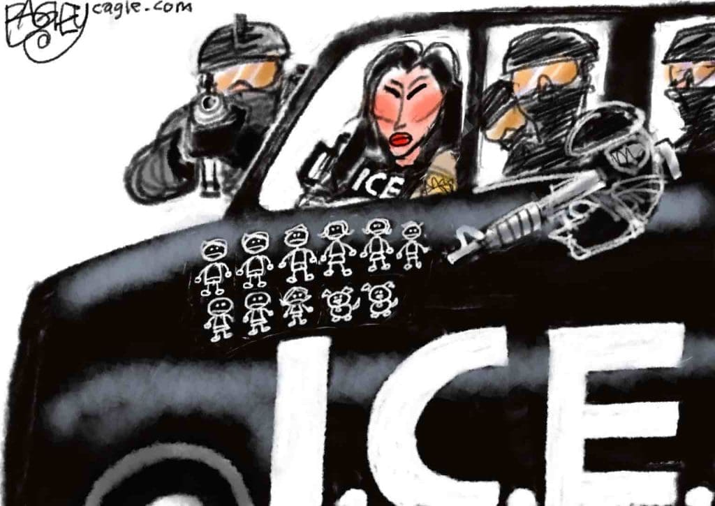 Cartoon of Kristi Noem and ICE thugs in a car with a body count using the family stick figures one usually sees on a minivan to indicate how many people ICE has terrorized and killed.
