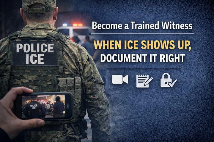 Image of an ICE agent. Text: Become a Trained Witness. When ICE shows up, document it right.