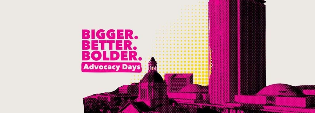 Pink-shaded image of the Florida Capitol complex with the text "Bigger. Better. Bolder. Advocacy Days"