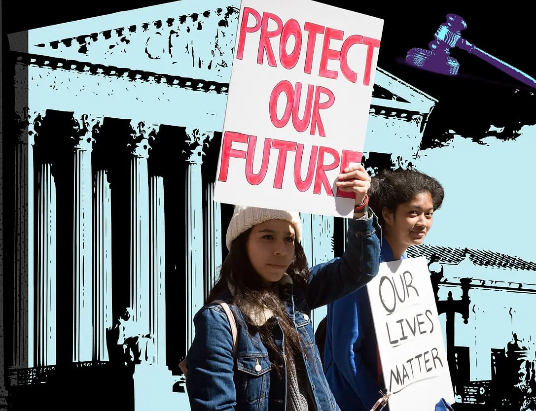 Teenagers holding protest signs "Protect Our Future" in front of a courthouse.