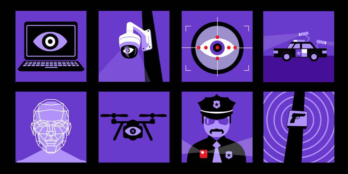 Block graphics of the elements of surviellance - drones, cameras, police officers