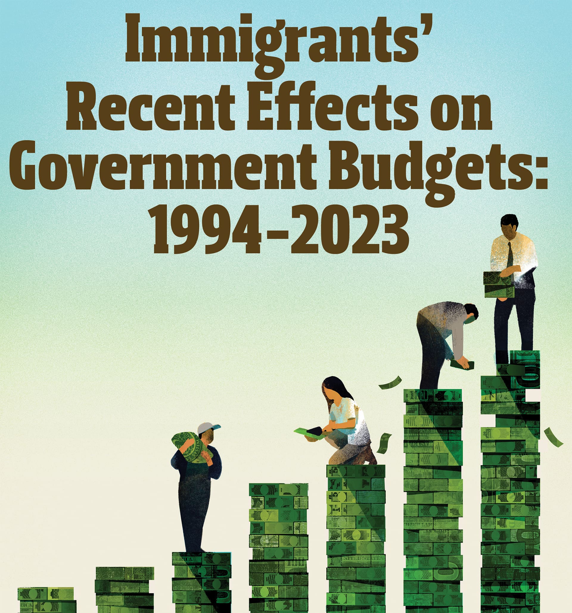 Title page of Cato Institute study on the effects of immigration on budgets, depicting people standing on increasingly tall stacks of money.