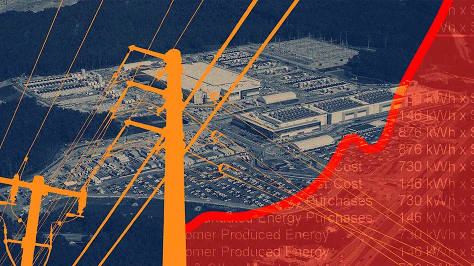 Silhouette of electrical transmission lines over a photo of a sprawling data center