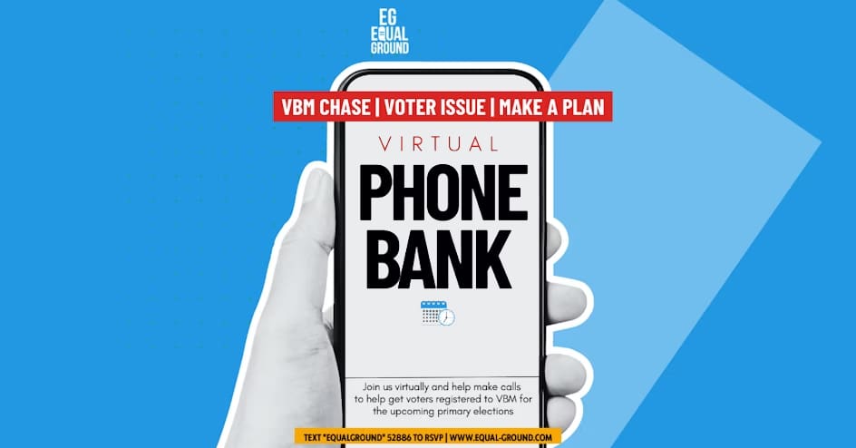 Hand holding a phone with information about phone banking about voting rights and registration