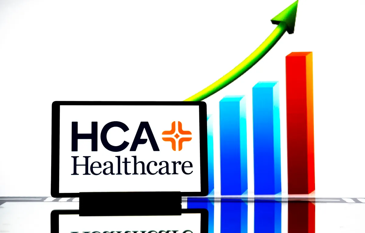 HCA logo superimposed over a bar chart trending upward