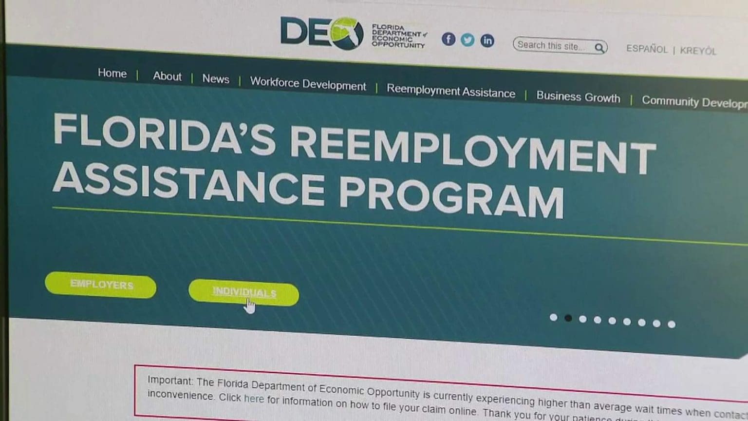 Screen capture of the Florida Reemployment Assistance Program website